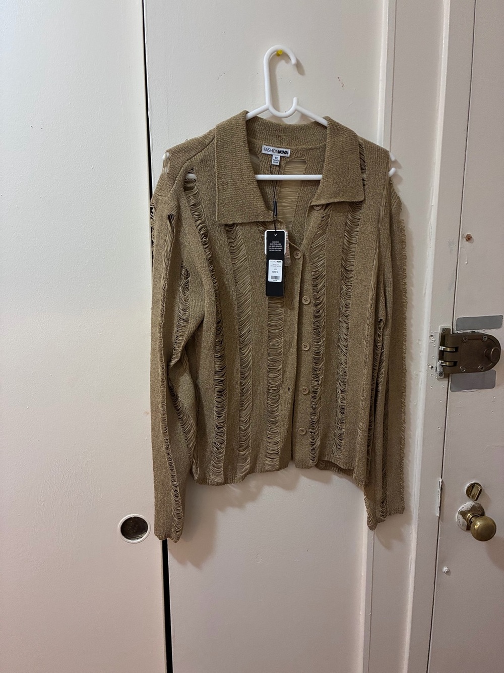 Fashion Nova Taupe Distressed Open-Weave Button Cardigan